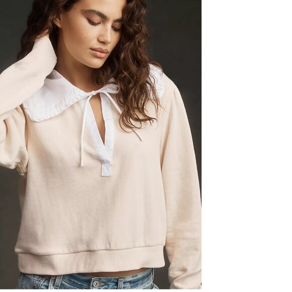 By Anthropologie Poplin-Collar V-Neck Sweatshirt new with tag 3x - Picture 5 of 7